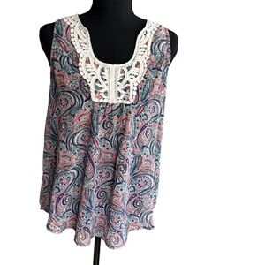 Collective Concepts Paisley Crochet Lace Trim Tank Top Boho Festival Indie